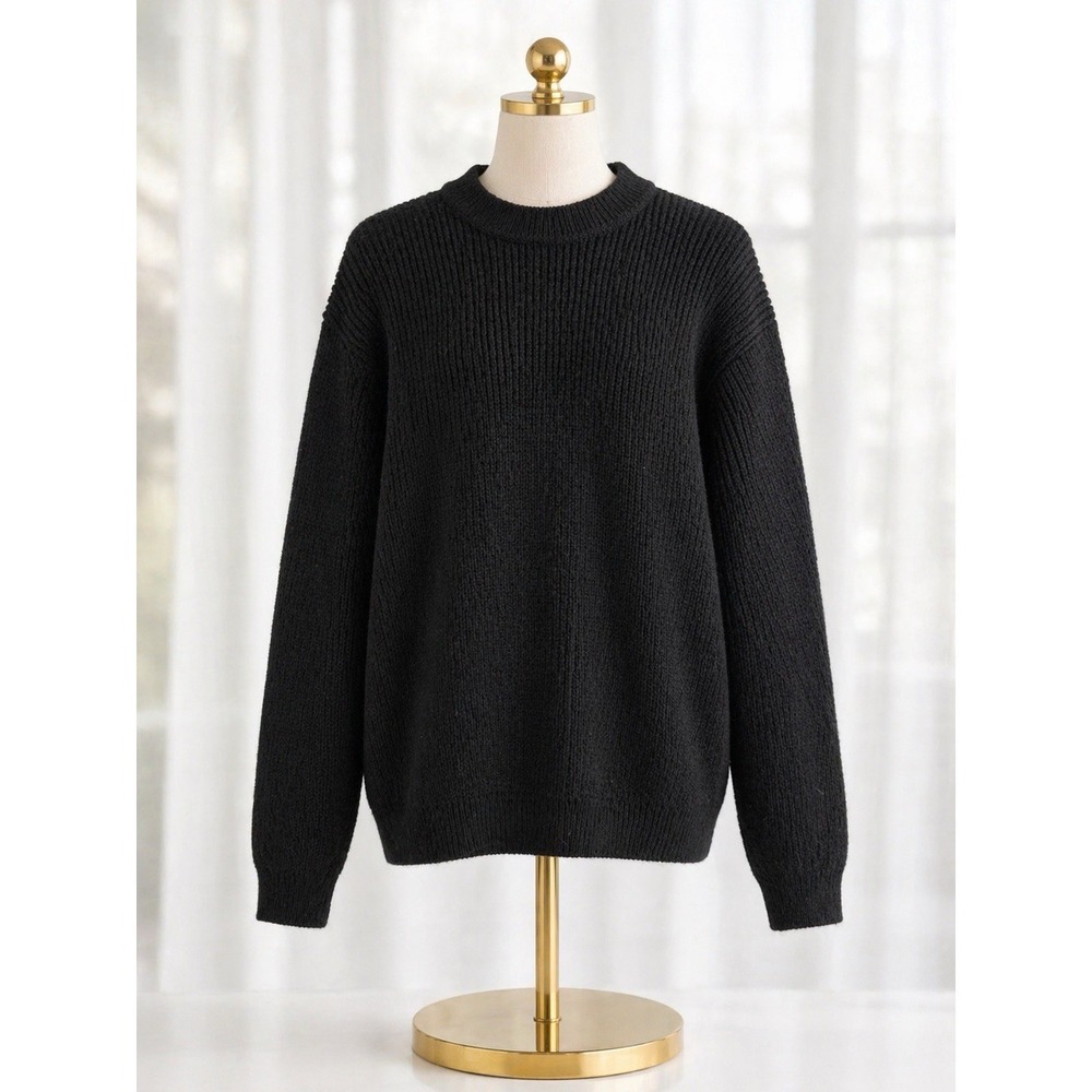 Vintage LL Bean Pure Wool Sweater Chunky Black Knit Classic Minimalist Size M